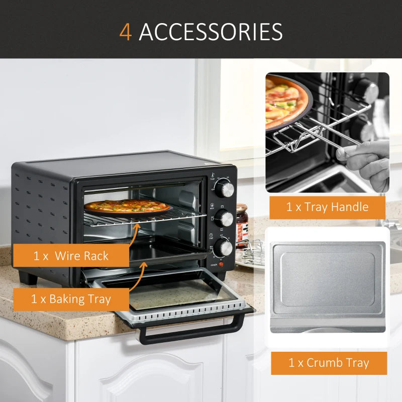 HOMCOM 21L Mini Oven, with Adjustable Temperature, Timer, Tray and Rack, 1400W, Black