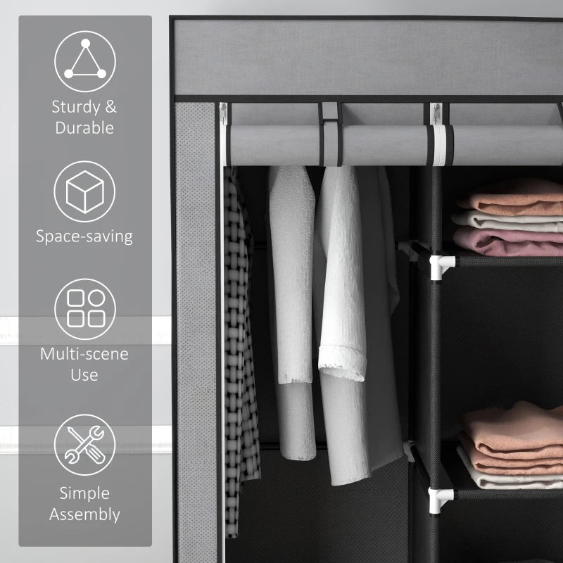 HOMCOM Fabric Wardrobe with 5 Shelves, 2 Rails & 3 Drawers, 125x43x162.5cm, Grey