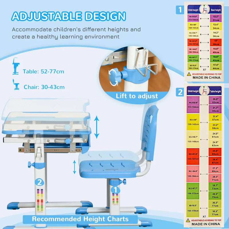HOMCOM Kids Desk and Chair Set, Adjustable Study Table with Desktop, Drawer, Blue