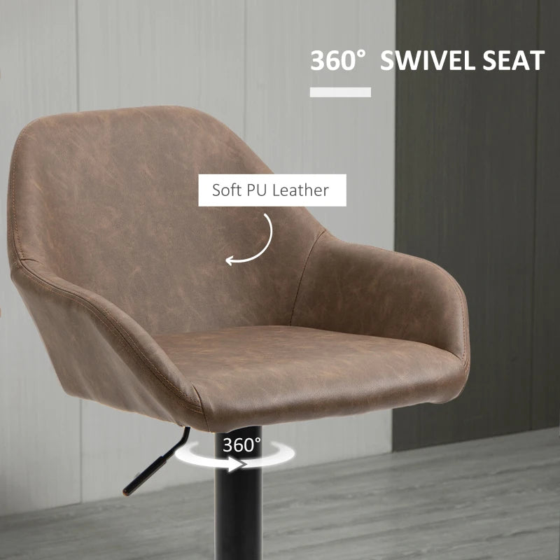 HOMCOM Set of 2 Swivel PU Leather and Steel Base Bar Stools with Footrest & Backrest, Dark Brown
