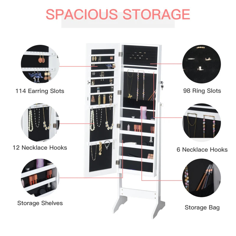 HOMCOM Jewelry Cabinet Standing Mirror Full Length Makeup Lockable Storage, White