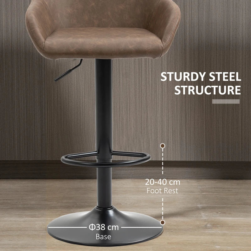 HOMCOM Set of 2 Swivel PU Leather and Steel Base Bar Stools with Footrest & Backrest, Dark Brown