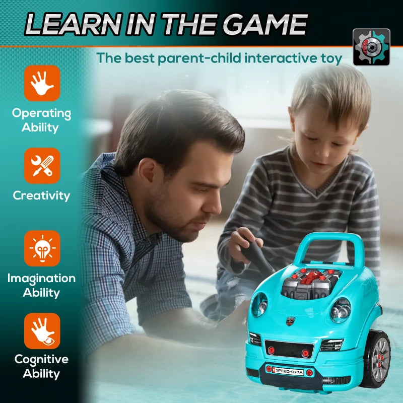 HOMCOM Kids Truck Engine Toy Set with Horn, Light, and Car Key, for 3-5 Years, Blue