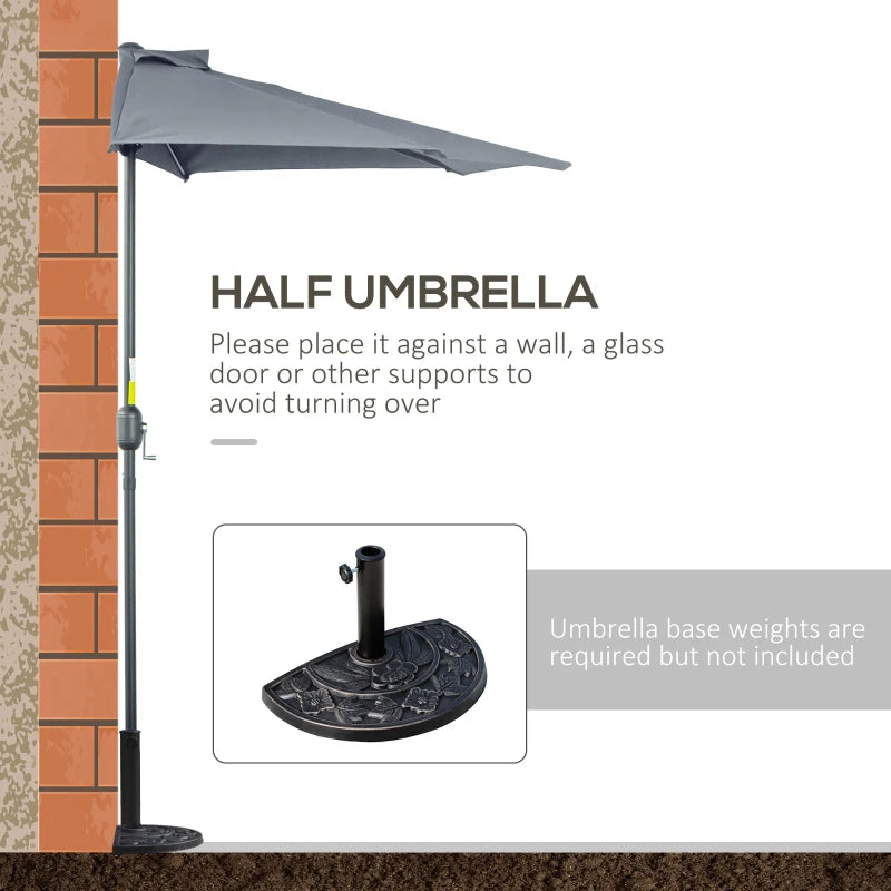 Outsunny 2.7m Garden Half Parasol, Balcony Umbrella Shade with 5 Steel Ribs, Grey
