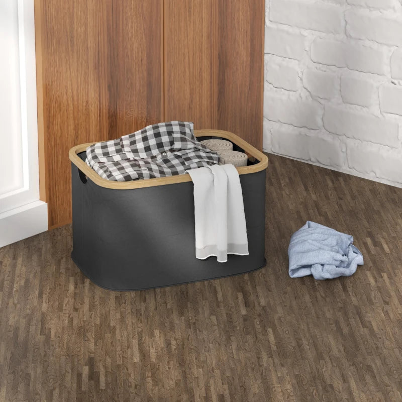HOMCOM 36L Foldable Laundry Basket, with Bamboo Top, Black