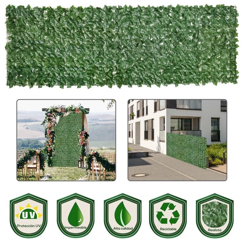 Outsunny 3M x 1M One-Piece Artificial Leaf Hedge Screen Privacy Fence Panel, Dark Green
