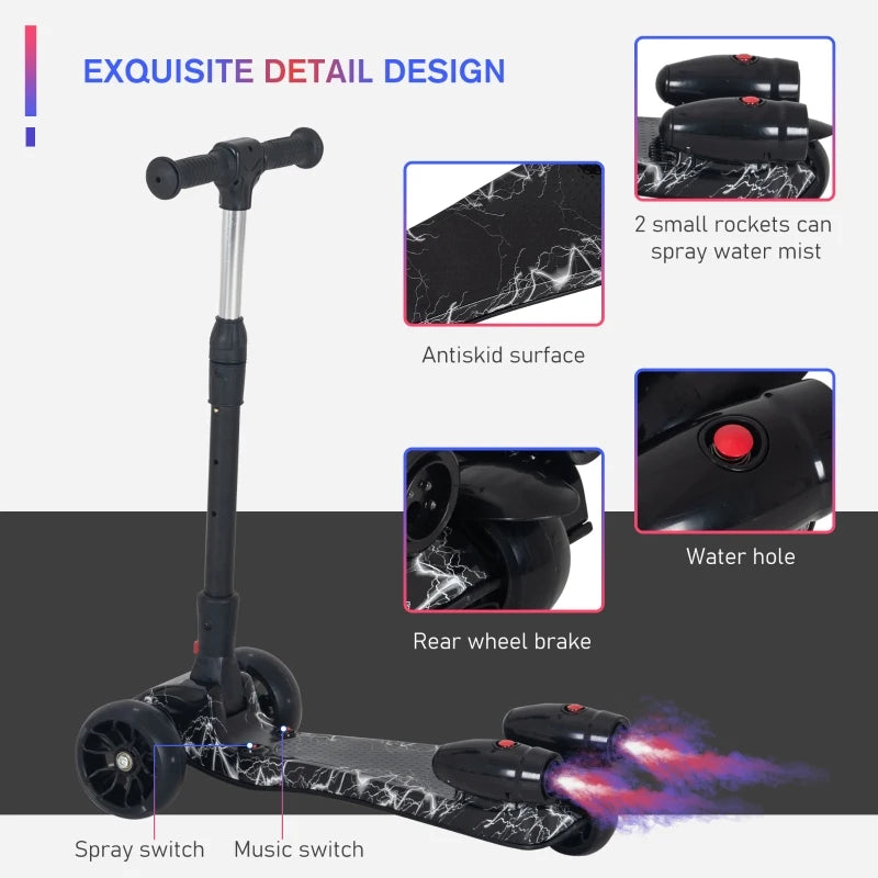 HOMCOM Kids 3 Wheel Plastic Scooter Adjustable Height with Engine-Look Spray, Black