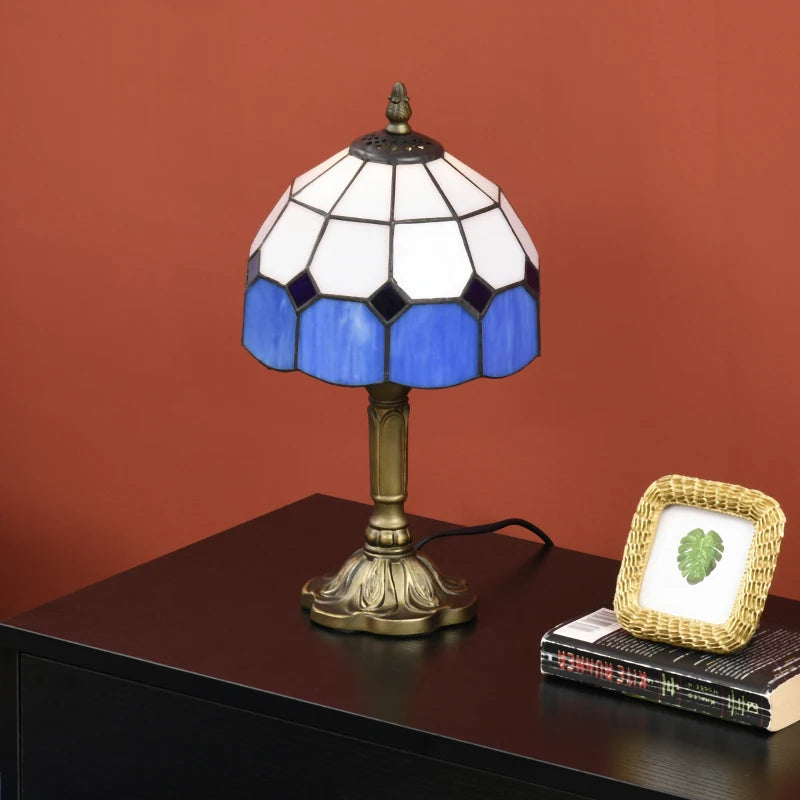 HOMCOM Handmade Stained Glass Table Lamp, Antique Bedside Decorative Night Light, Blue
