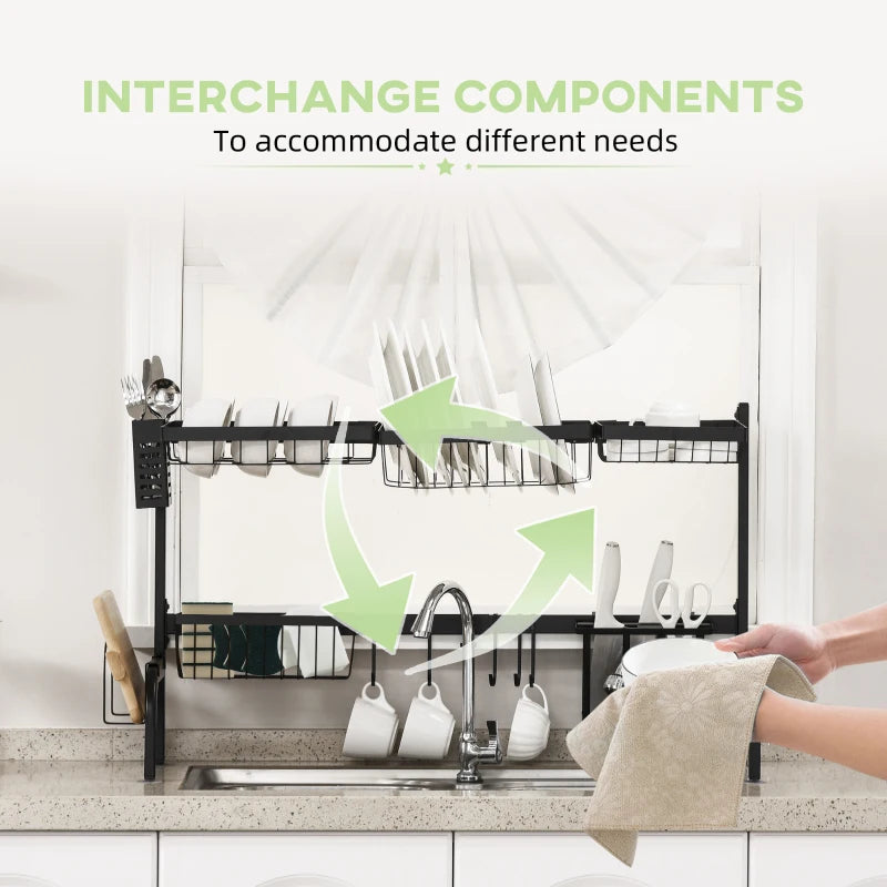 HOMCOM Space Saving 2-Tier Adjustable Dish Drainer Over The Sink Dish Rack, Black