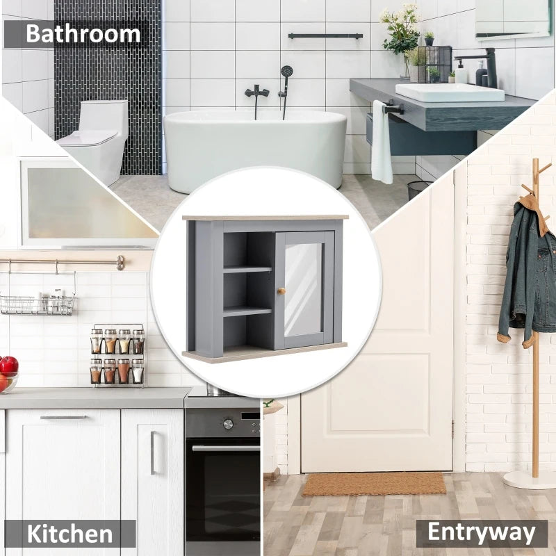 Kleankin Bathroom Wall Mirror Cabinet, Cupboard with Door, Storage Cabinet with Adjustable Shelf, Grey