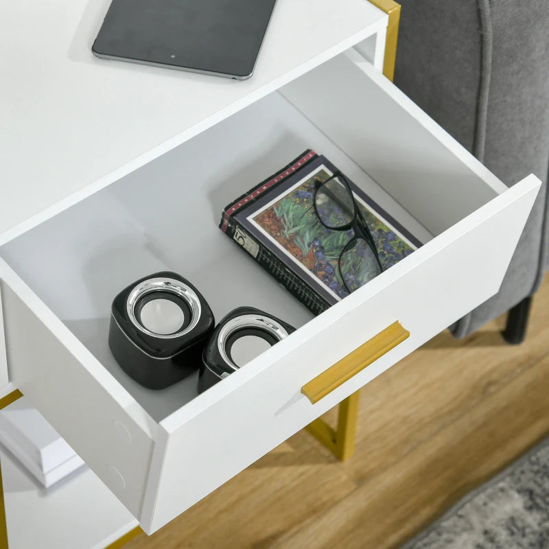 HOMCOM Modern Bedside Table, Nightstand with Drawer Shelf, Side Table, White and Gold