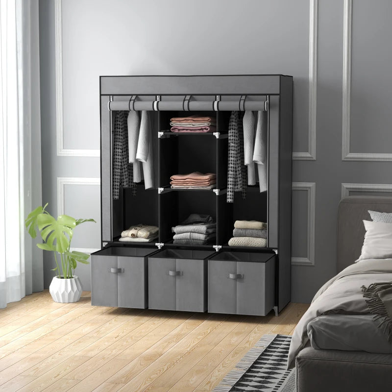 HOMCOM Fabric Wardrobe with 5 Shelves, 2 Rails & 3 Drawers, 125x43x162.5cm, Grey