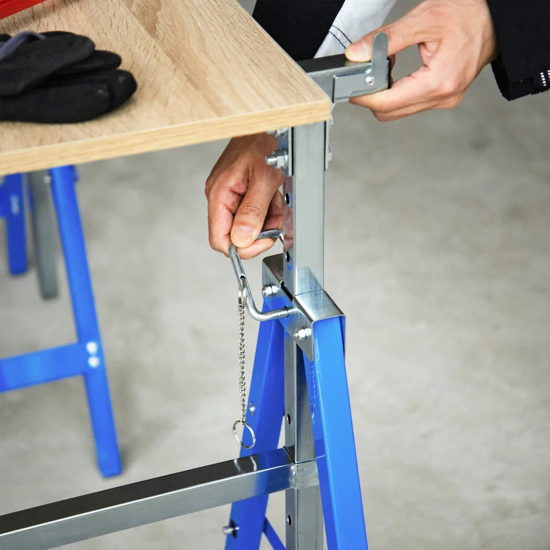HOMCOM Set of 2 Telescopic Builders Trestle DIY Steel Folding Work Bench, Blue