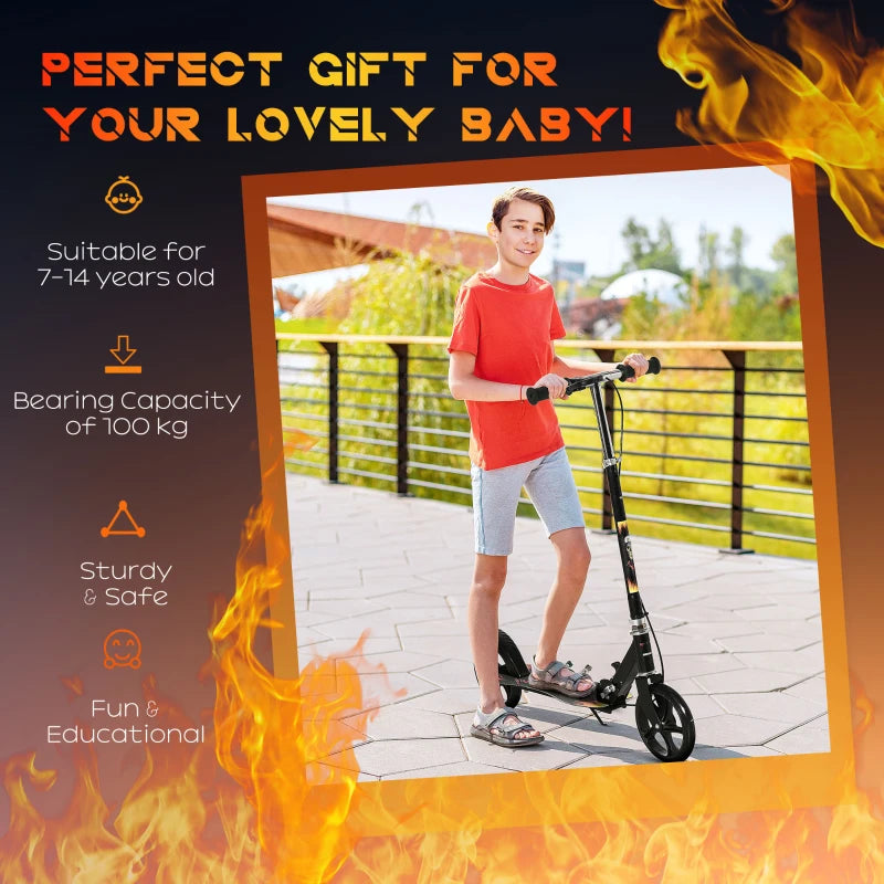 HOMCOM Kids Foldable Kick Scooter with Break, Big Wheels for 7-14 Years, Black