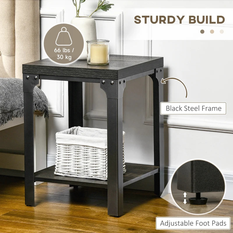 HOMCOM Side Table Set of 2 with Storage Shelf, Steel Frame and Thickened Top, Dark Walnut