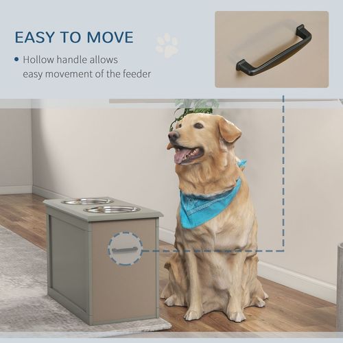 PawHut Raised 2 Stainless Bowls Pet Bowls w/ Storage, Elevated Base-Grey- Medium