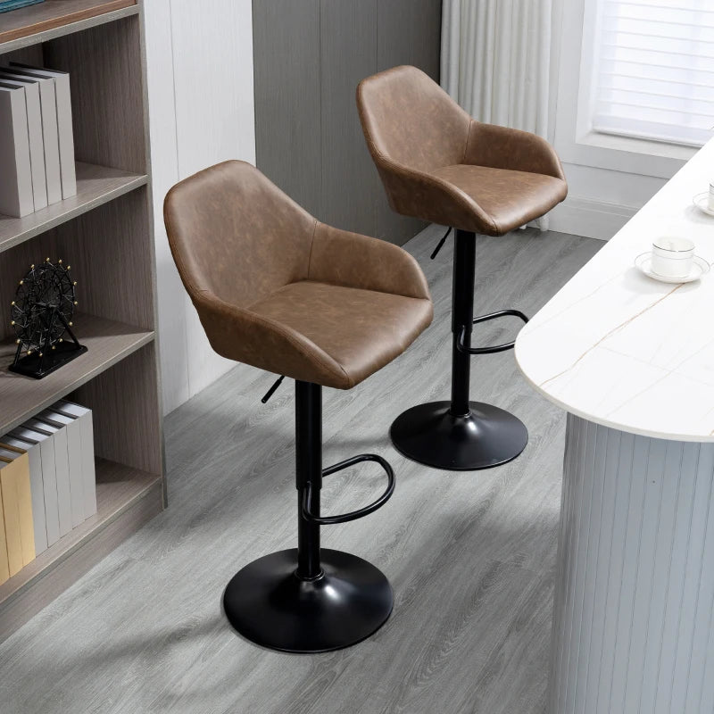 HOMCOM Set of 2 Swivel PU Leather and Steel Base Bar Stools with Footrest & Backrest, Dark Brown