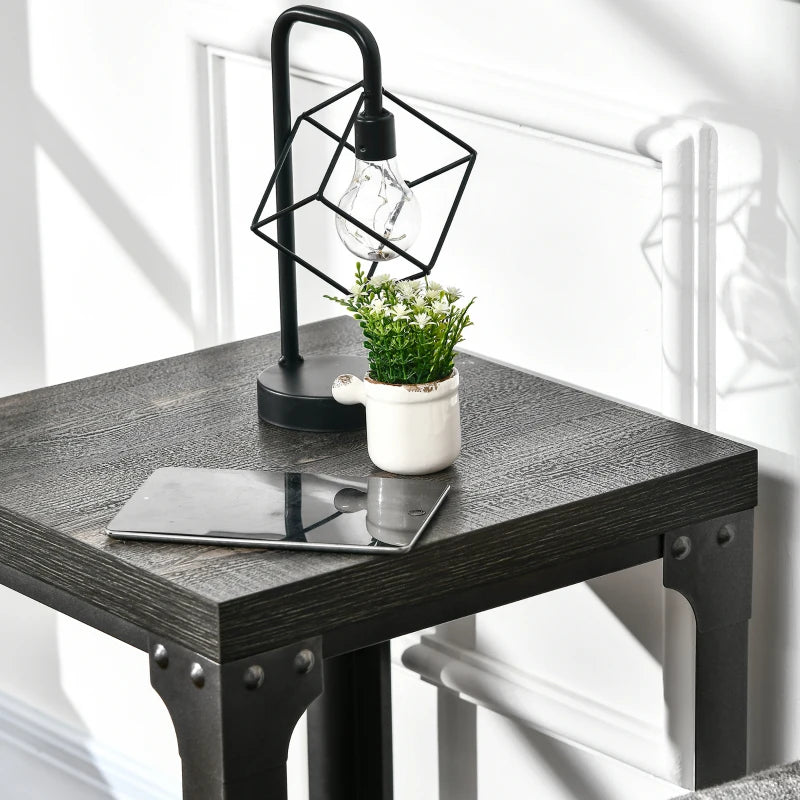 HOMCOM Side Table Set of 2 with Storage Shelf, Steel Frame and Thickened Top, Dark Walnut