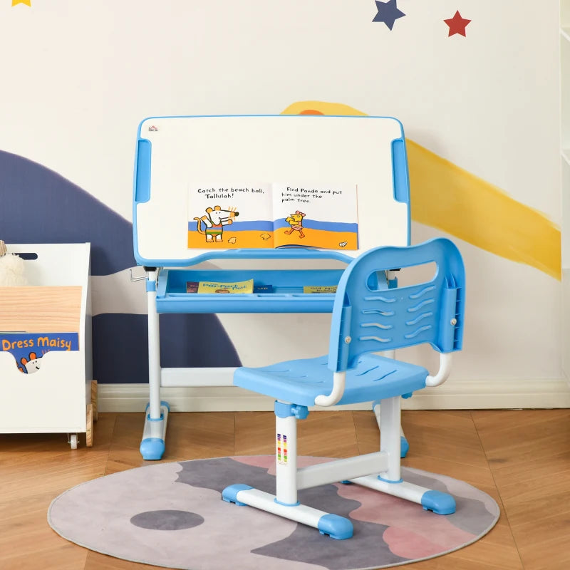 HOMCOM Kids Desk and Chair Set, Adjustable Study Table with Desktop, Drawer, Blue