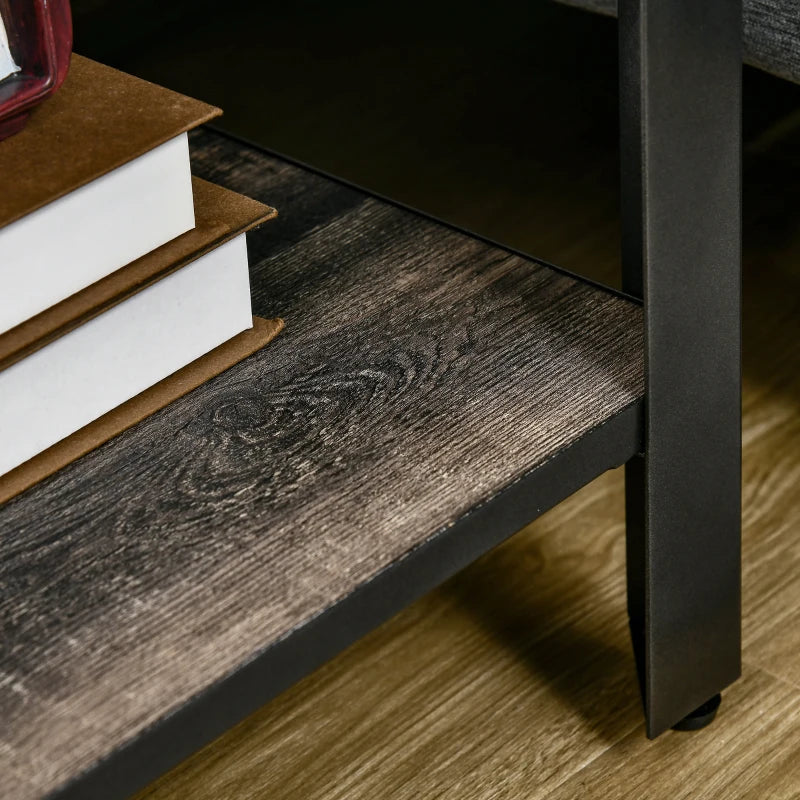 HOMCOM Side Table Set of 2 with Storage Shelf, Steel Frame and Thickened Top, Dark Walnut