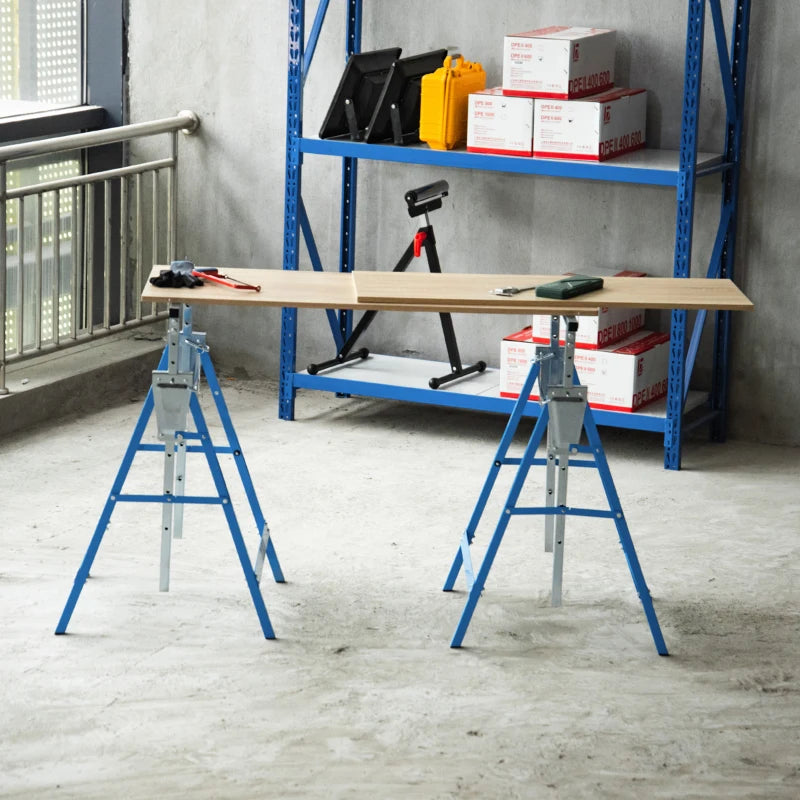 HOMCOM Set of 2 Telescopic Builders Trestle DIY Steel Folding Work Bench, Blue