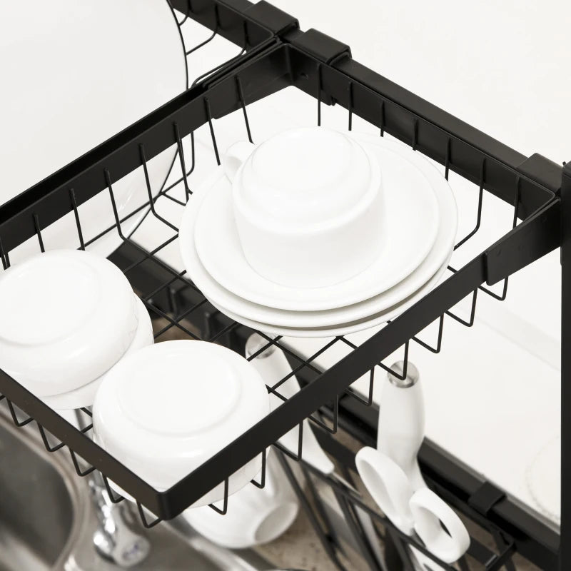 HOMCOM Space Saving 2-Tier Adjustable Dish Drainer Over The Sink Dish Rack, Black
