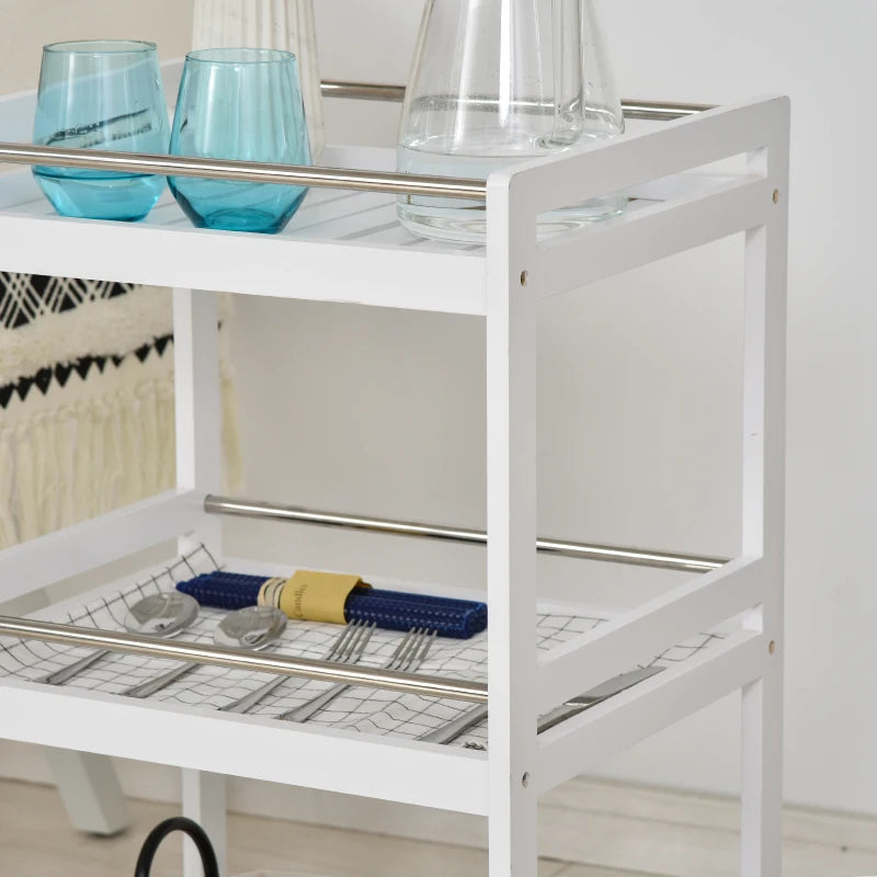 HOMCOM 3-Tier Home Kitchen Storage Cart with Steel Bars & Rolling Wheels, White