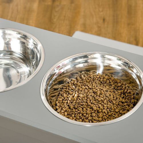 PawHut Raised 2 Stainless Bowls Pet Bowls w/ Storage, Elevated Base-Grey- Medium