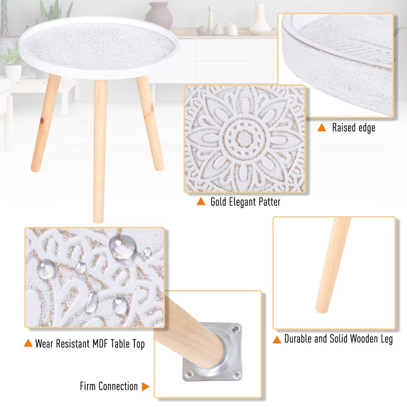 HOMCOM Carved Floral Round Coffee Table with Tray-style Top & Wood Legs, White