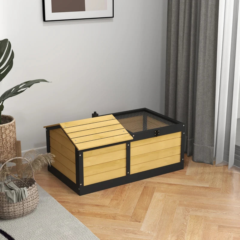 PawHut Wooden Tortoise House Small Pet Reptile Shelter with Hide Den and Run, Yellow