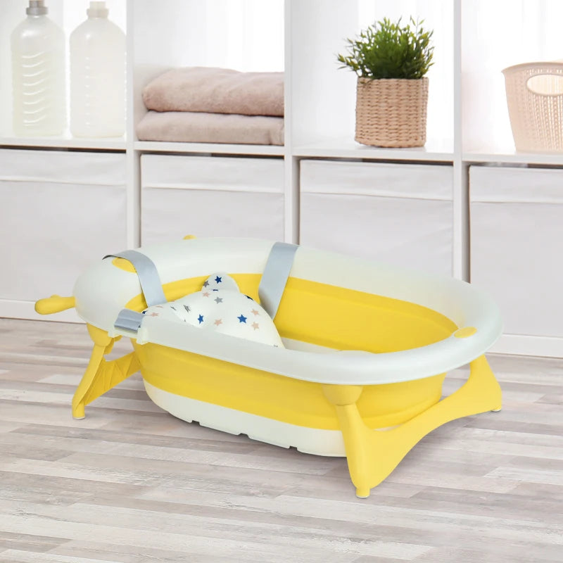 HOMCOM Non-Slip Foldable Baby Bathtub Set, Collapsible Bath Tub w/ Cushion Pad, Drain Plugs - Yellow