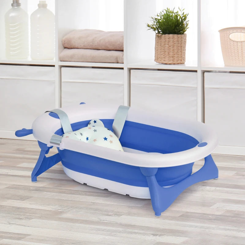 HOMCOM Non-Slip Foldable Baby Bathtub Set, Collapsible Bath Tub w/ Cushion Pad, Drain Plugs - Blue