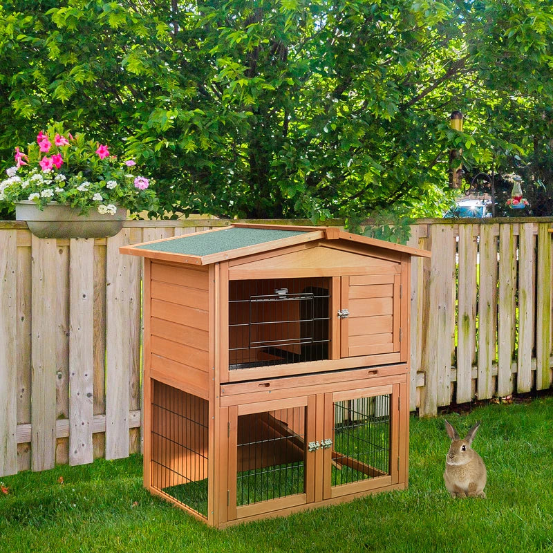 PawHut 2-Tier Rabbit Guinea Pig Hutch with No-Leak Tray 100.5 x 55 x 101 cm, Brown