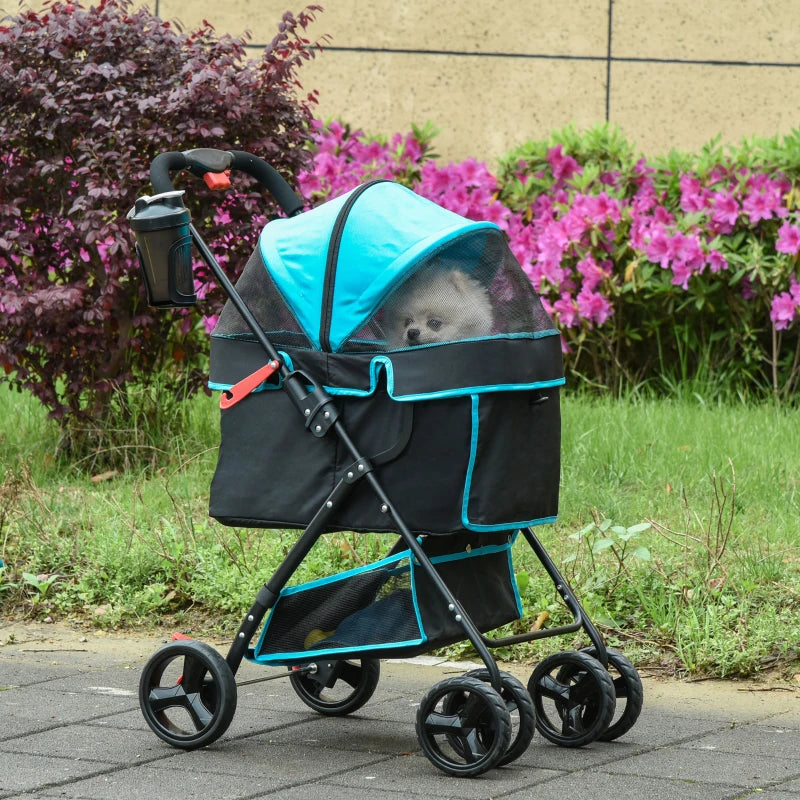 PawHut Pram Dog Stroller Pushchair Foldable with Brake, Cupholder, Safety Leash, Blue