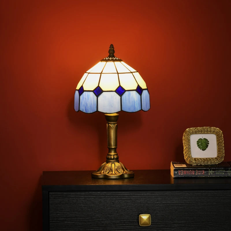 HOMCOM Handmade Stained Glass Table Lamp, Antique Bedside Decorative Night Light, Blue