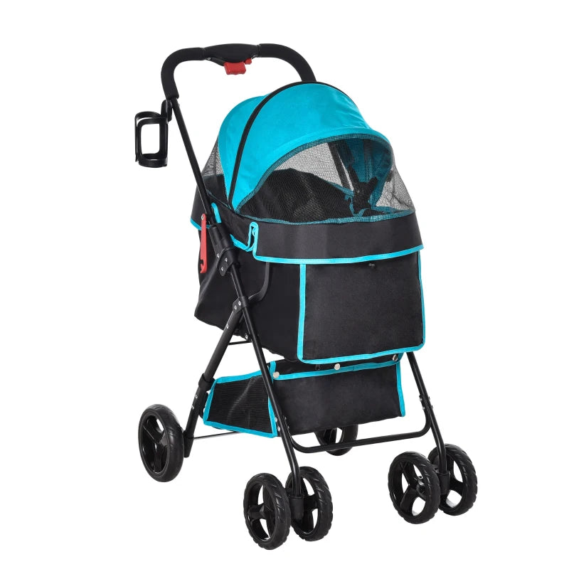 PawHut Pram Dog Stroller Pushchair Foldable with Brake, Cupholder, Safety Leash, Blue