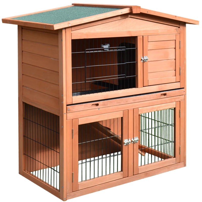 PawHut 2-Tier Rabbit Guinea Pig Hutch with No-Leak Tray 100.5 x 55 x 101 cm, Brown