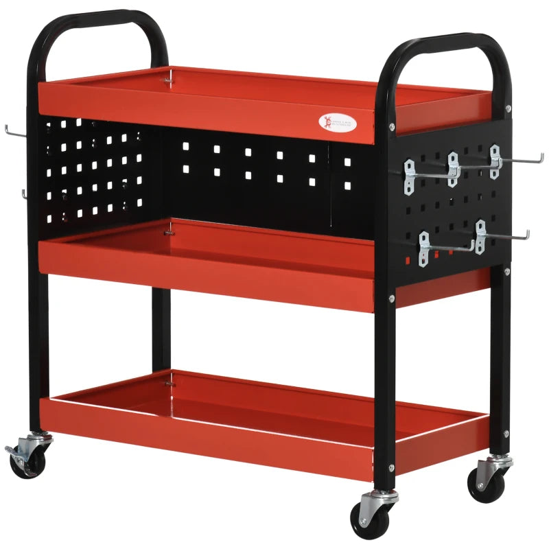 DURHAND 3-Tier Shelf Tool Cart Storage Wheel for Garage with 10 Hooks, 100 kg, Red