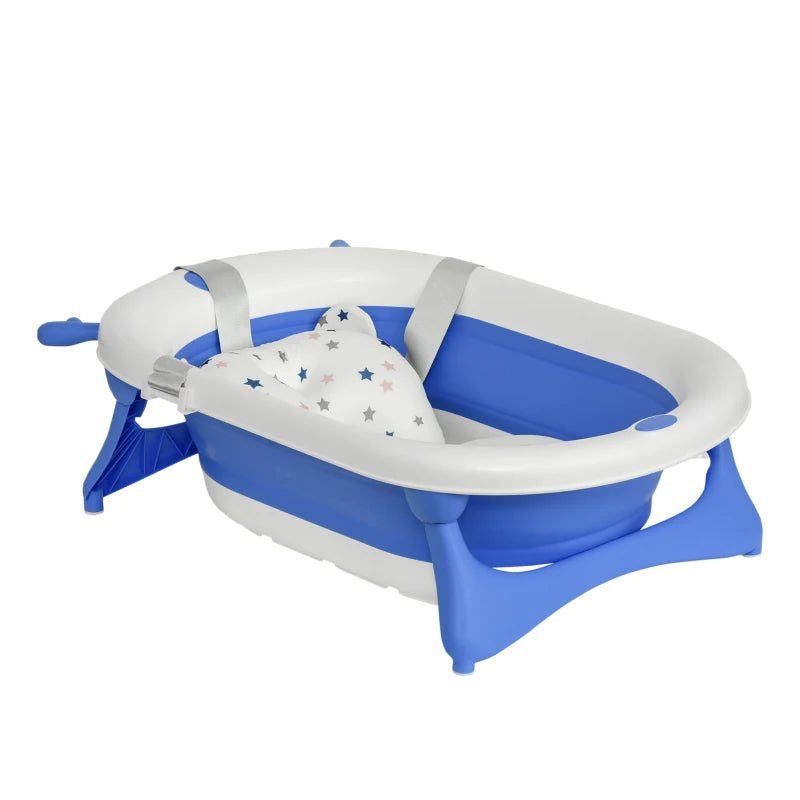 HOMCOM Non-Slip Foldable Baby Bathtub Set, Collapsible Bath Tub w/ Cushion Pad, Drain Plugs - Blue