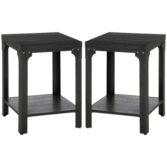 HOMCOM Side Table Set of 2 with Storage Shelf, Steel Frame and Thickened Top, Dark Walnut