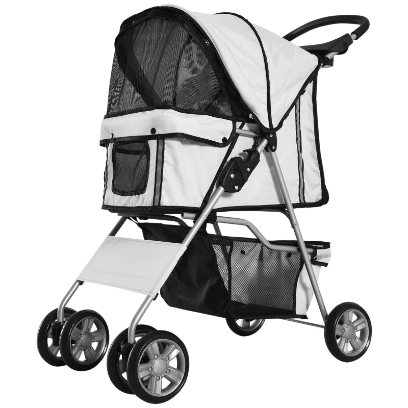 PawHut Pet Foldable Stroller Carriage with Wheels, Zipper Entry, Cup Holder, Storage, Grey