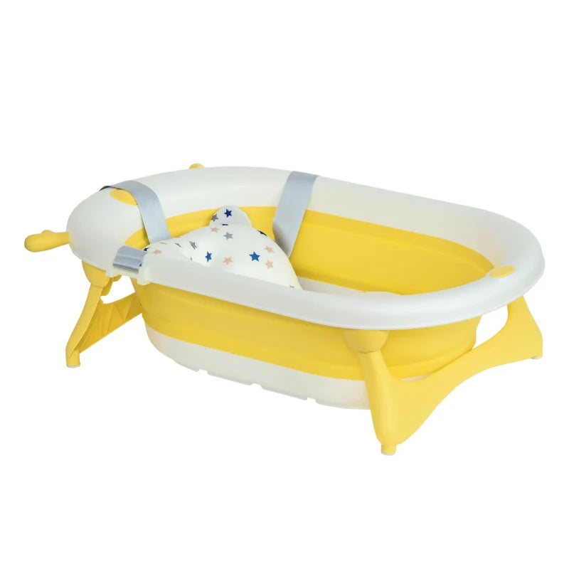 HOMCOM Non-Slip Foldable Baby Bathtub Set, Collapsible Bath Tub w/ Cushion Pad, Drain Plugs - Yellow