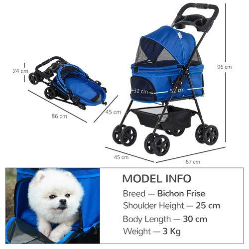 Pawhut Pet Stroller Foldable Travel Carriage with Basket Adjustable Canopy, Blue