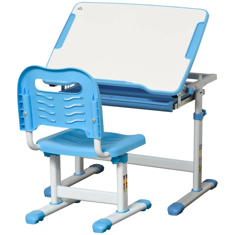 HOMCOM Kids Desk and Chair Set, Adjustable Study Table with Desktop, Drawer, Blue