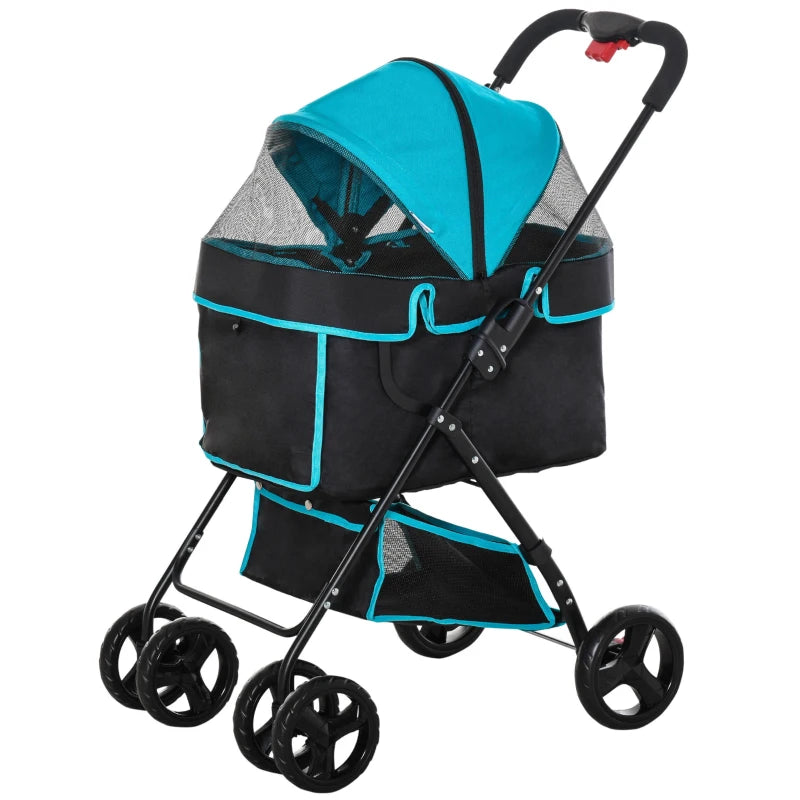 PawHut Pram Dog Stroller Pushchair Foldable with Brake, Cupholder, Safety Leash, Blue