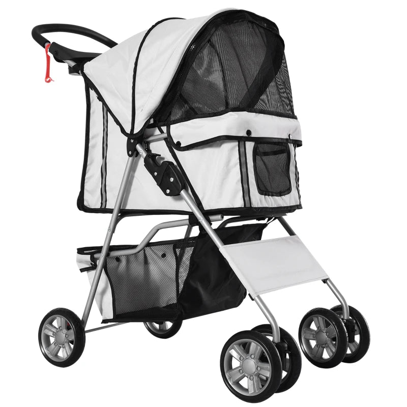 PawHut Pet Foldable Stroller Carriage with Wheels, Zipper Entry, Cup Holder, Storage, Grey