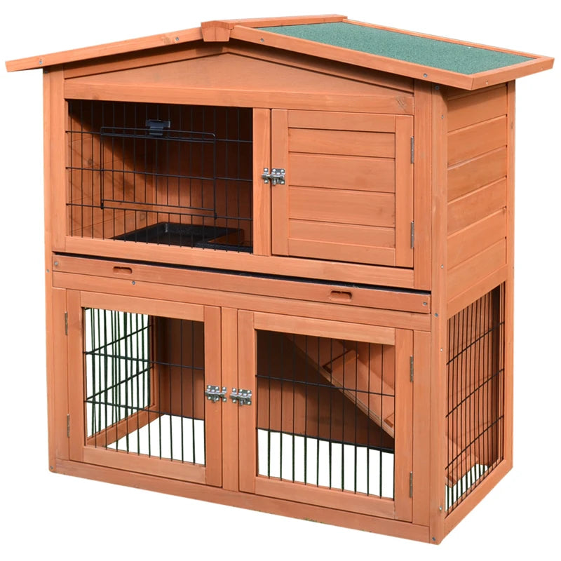 PawHut 2-Tier Rabbit Guinea Pig Hutch with No-Leak Tray 100.5 x 55 x 101 cm, Brown