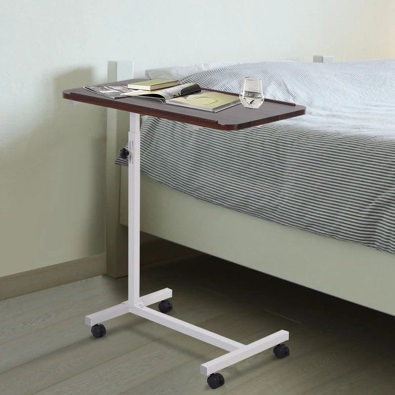 HOMCOM Height Adjustable Overbed Table with Wheels, C Shaped Laptop Desk, Portable Bedside Table, Brown