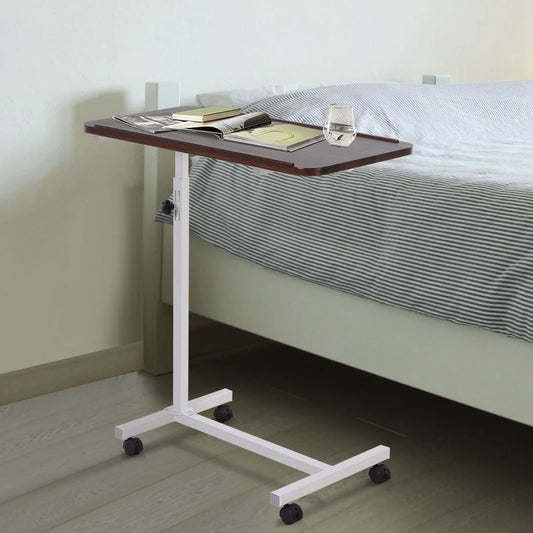 HOMCOM Height Adjustable Overbed Table with Wheels, C Shaped Laptop Desk, Portable Bedside Table, Brown