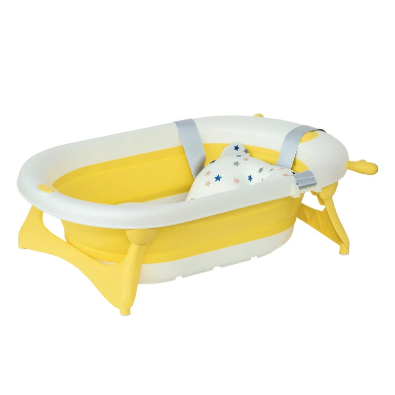 HOMCOM Non-Slip Foldable Baby Bathtub Set, Collapsible Bath Tub w/ Cushion Pad, Drain Plugs - Yellow